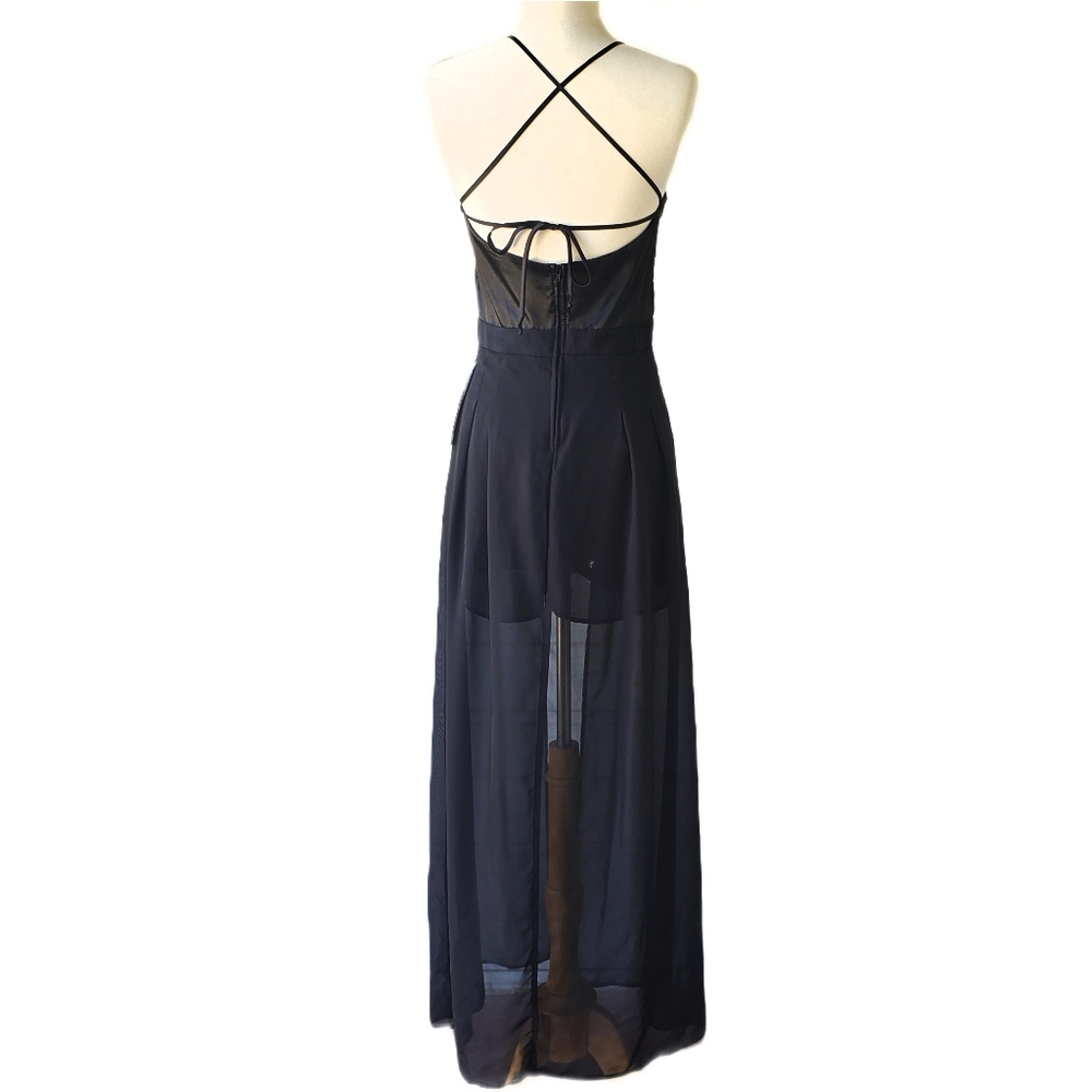 Macy's CRYSTAL DOLL Embroidered Roses Black Romper Maxi Dress Juniors 5 S - Picture 4 of 8